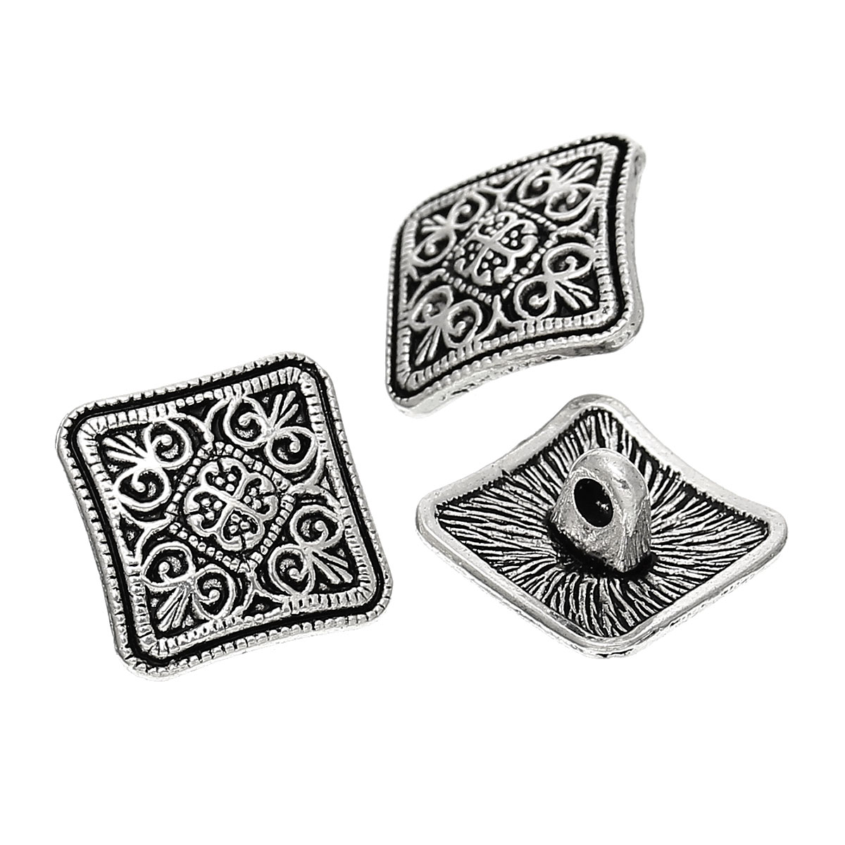 Bild von Zinklegierung Metall Öseknöpfe zum Aufnähen Quadrat Antik Silber mit Blumen Muster 13mm x 13mm 100 Stück