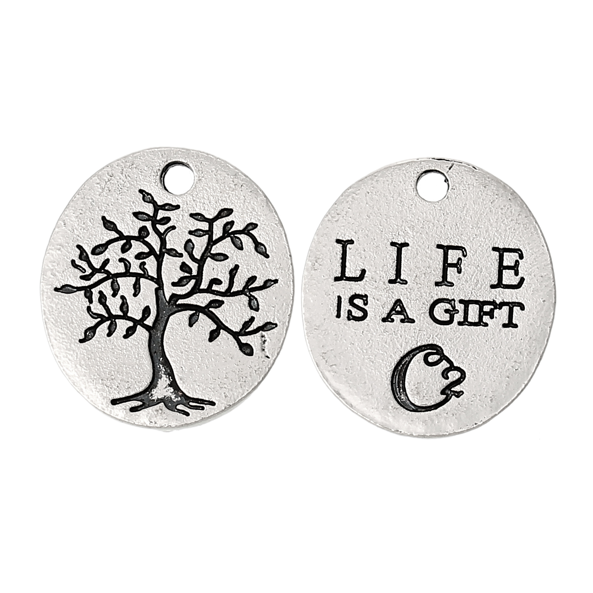 Imagen de Colgantes Aleación del Metal Del Zinc de Óvalo,Árbol Plata Antigua  LIFE IS A GIFT  Mensaje Tallado 20mm x 18mm, 30 Unidades