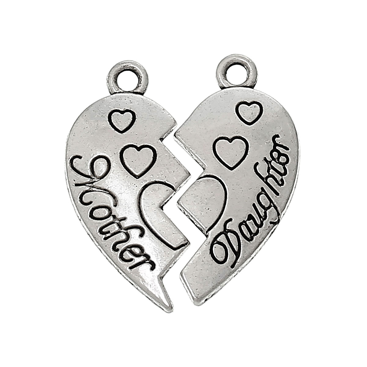 Imagen de Colgantes Aleación Corazón Roto,Mensaje Plata Antigua  Mother & Daughter Carved 24mm x 11mm 24mm x 12mm, 30 Juegos