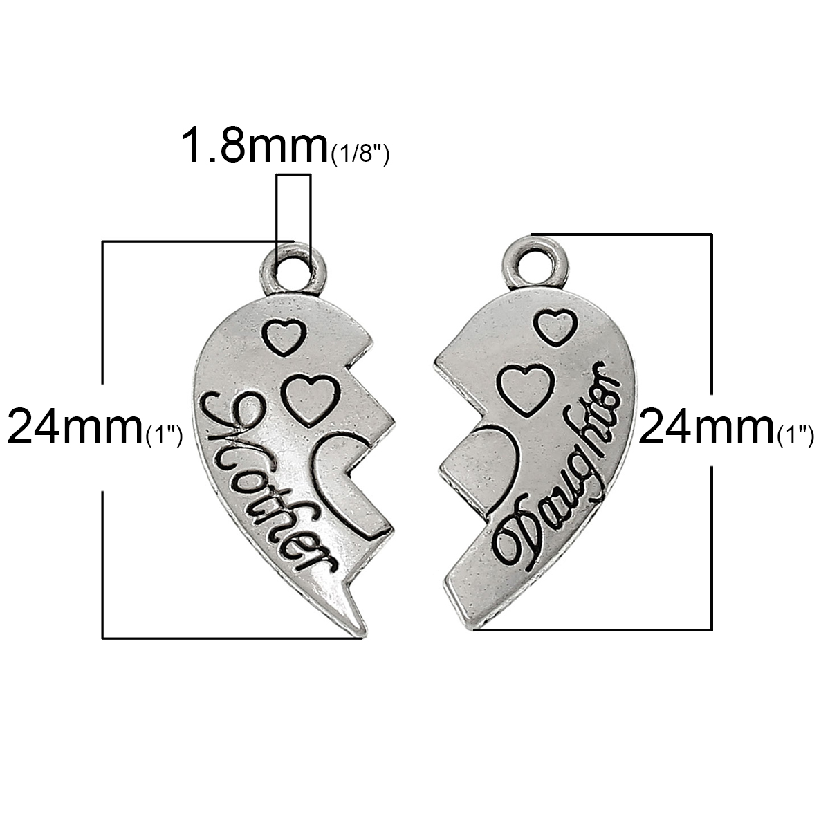 Imagen de Colgantes Aleación Corazón Roto,Mensaje Plata Antigua  Mother & Daughter Carved 24mm x 11mm 24mm x 12mm, 30 Juegos