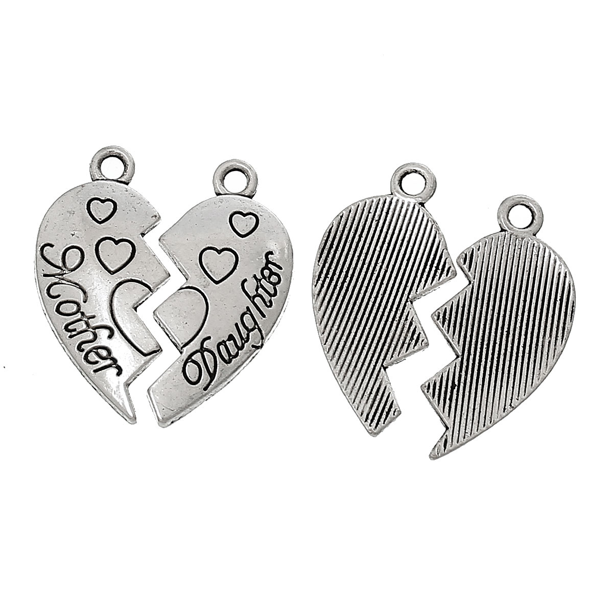 Imagen de Colgantes Aleación Corazón Roto,Mensaje Plata Antigua  Mother & Daughter Carved 24mm x 11mm 24mm x 12mm, 30 Juegos