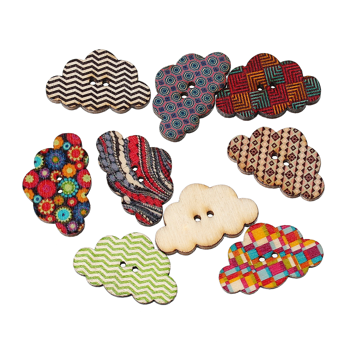 Picture of Natural Wood Sewing Buttons Scrapbooking 2 Holes Cloud At Random Mixed 30mm(1 1/8") x 19mm( 6/8"), 50 PCs