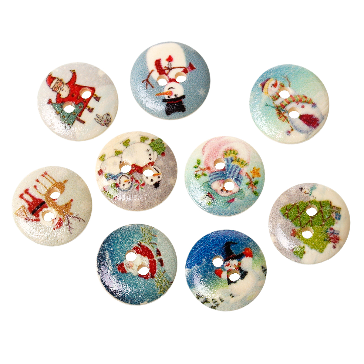 Picture of Natural Wood Sewing Buttons Scrapbooking 2 Holes Round At Random Mixed Christmas Pattern 15mm( 5/8") Dia, 100 PCs