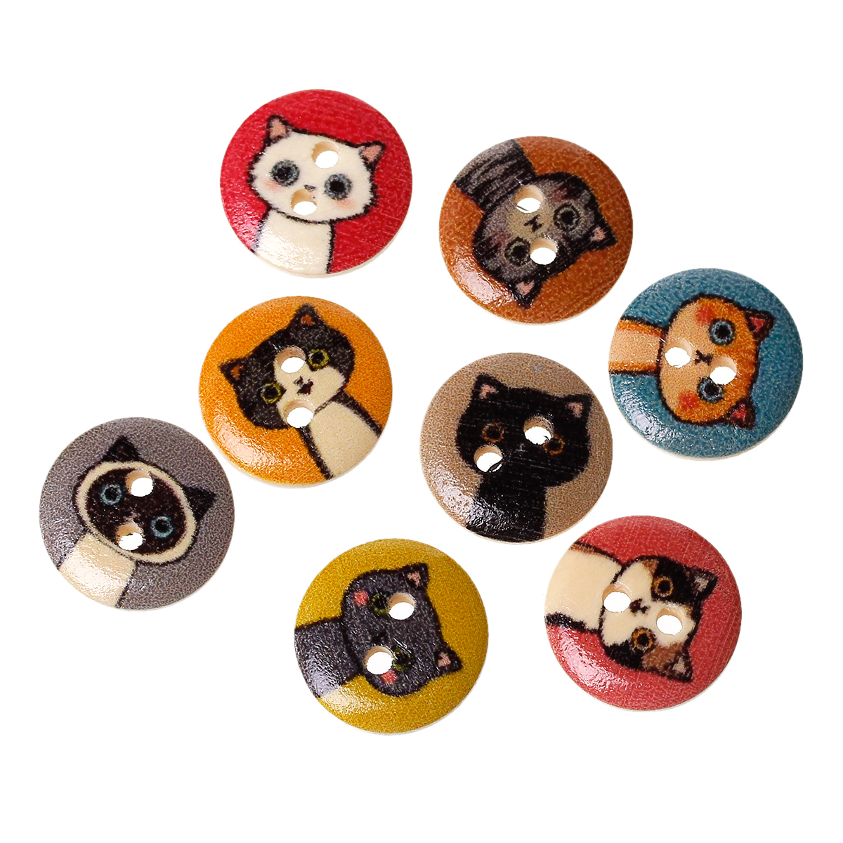 Picture of Natural Wood Sewing Buttons Scrapbooking Round At Random Mixed 2 Holes Cat Pattern 15mm( 5/8") Dia, 100 PCs