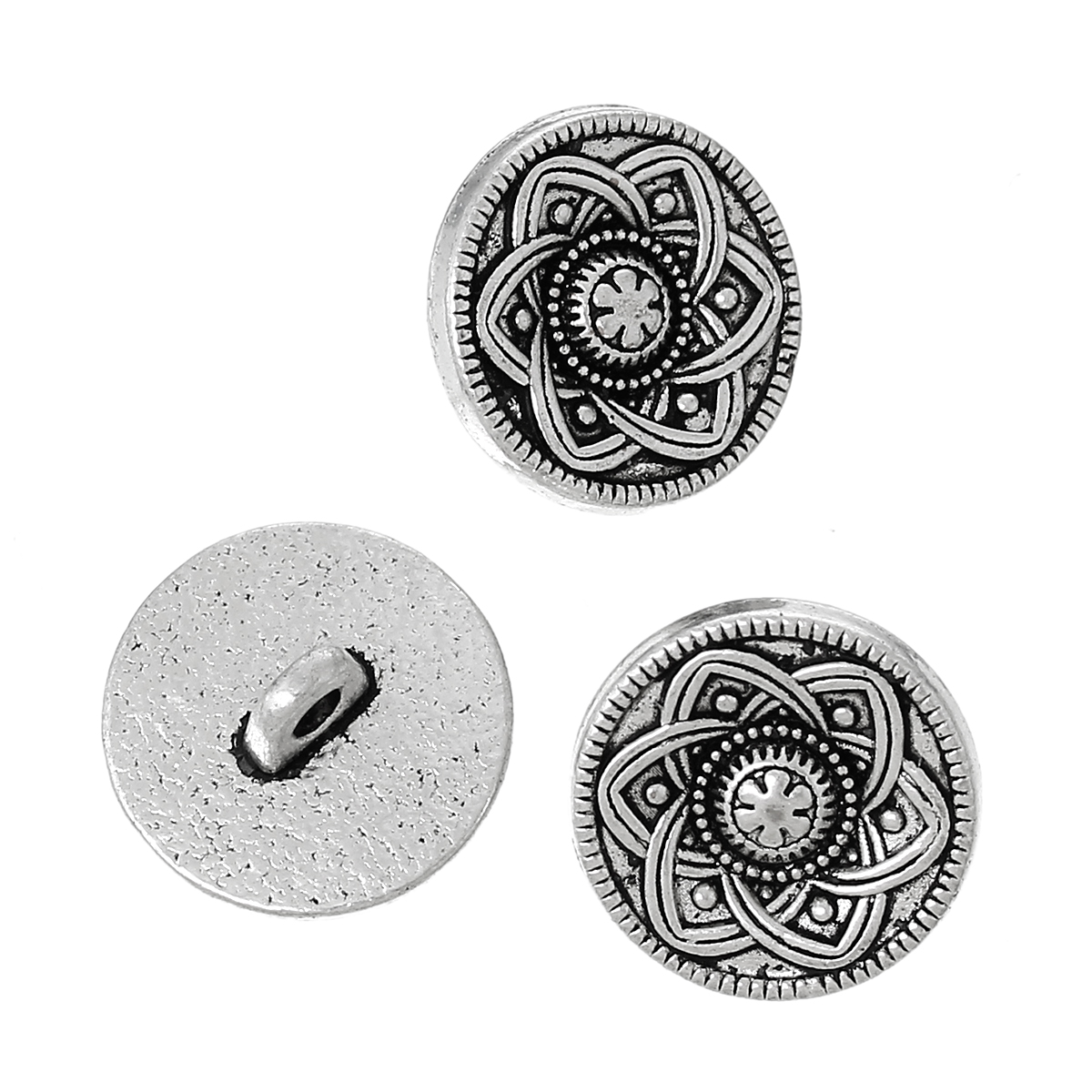 Picture of Zinc Based Alloy Metal Sewing Shank Buttons Round Antique Silver Color Flower Carved 15mm( 5/8") Dia, 30 PCs