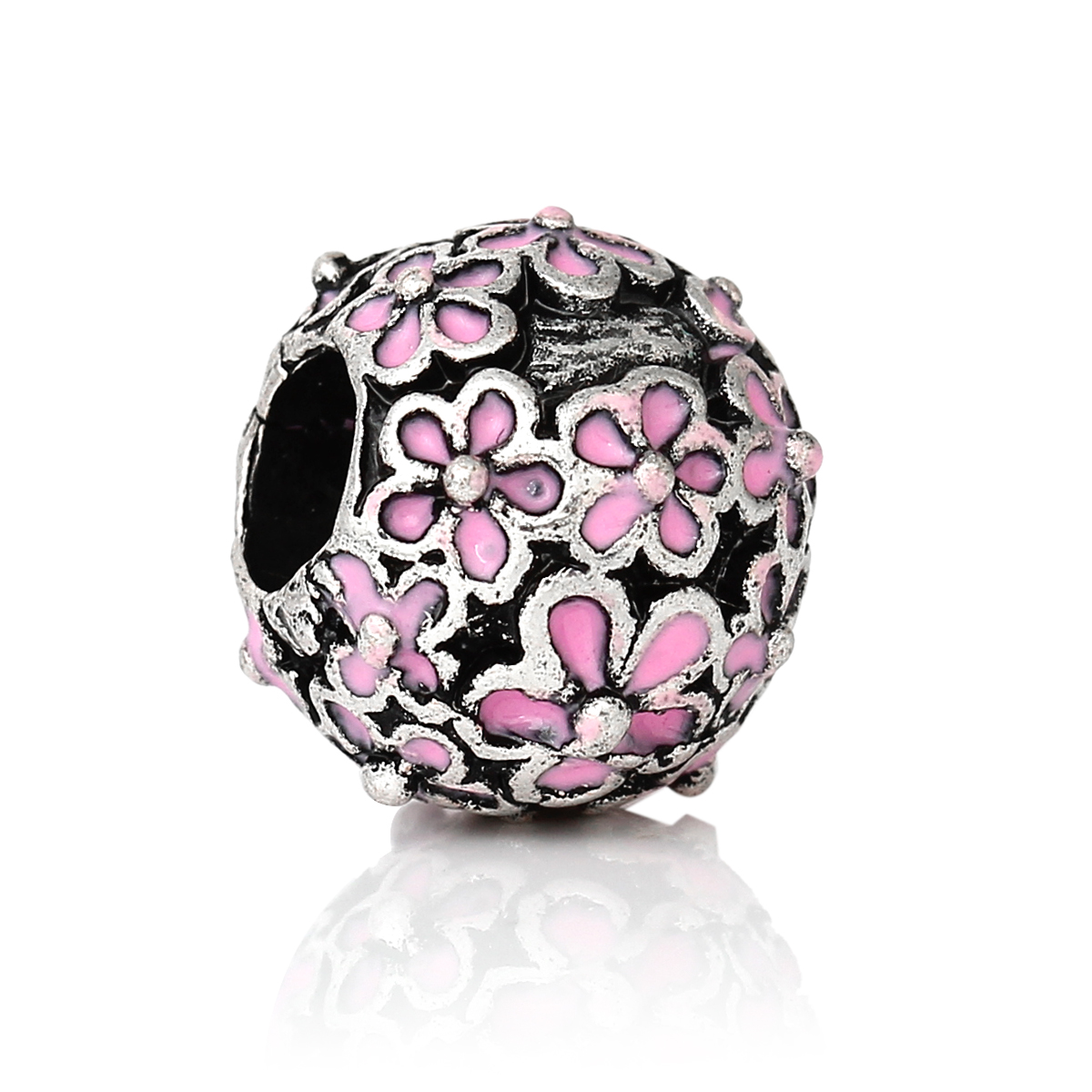 Picture of Zinc Metal Alloy European Style Large Hole Charm Beads Round Antique Silver Color Flower Pattern Pink Enamel About 12mm Dia, Hole: Approx 5mm, 10 PCs