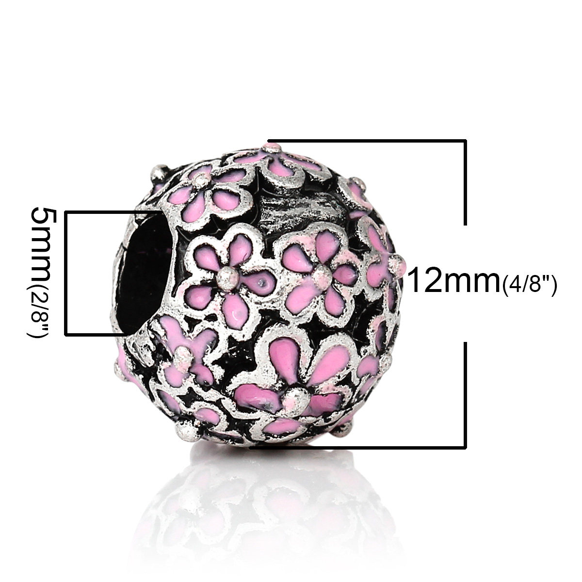 Picture of Zinc Metal Alloy European Style Large Hole Charm Beads Round Antique Silver Color Flower Pattern Pink Enamel About 12mm Dia, Hole: Approx 5mm, 10 PCs