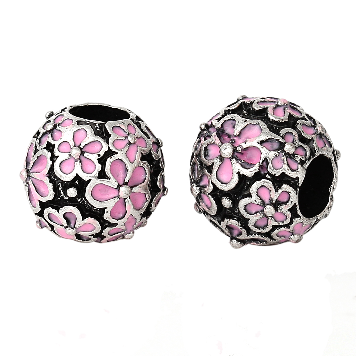 Picture of Zinc Metal Alloy European Style Large Hole Charm Beads Round Antique Silver Color Flower Pattern Pink Enamel About 12mm Dia, Hole: Approx 5mm, 10 PCs