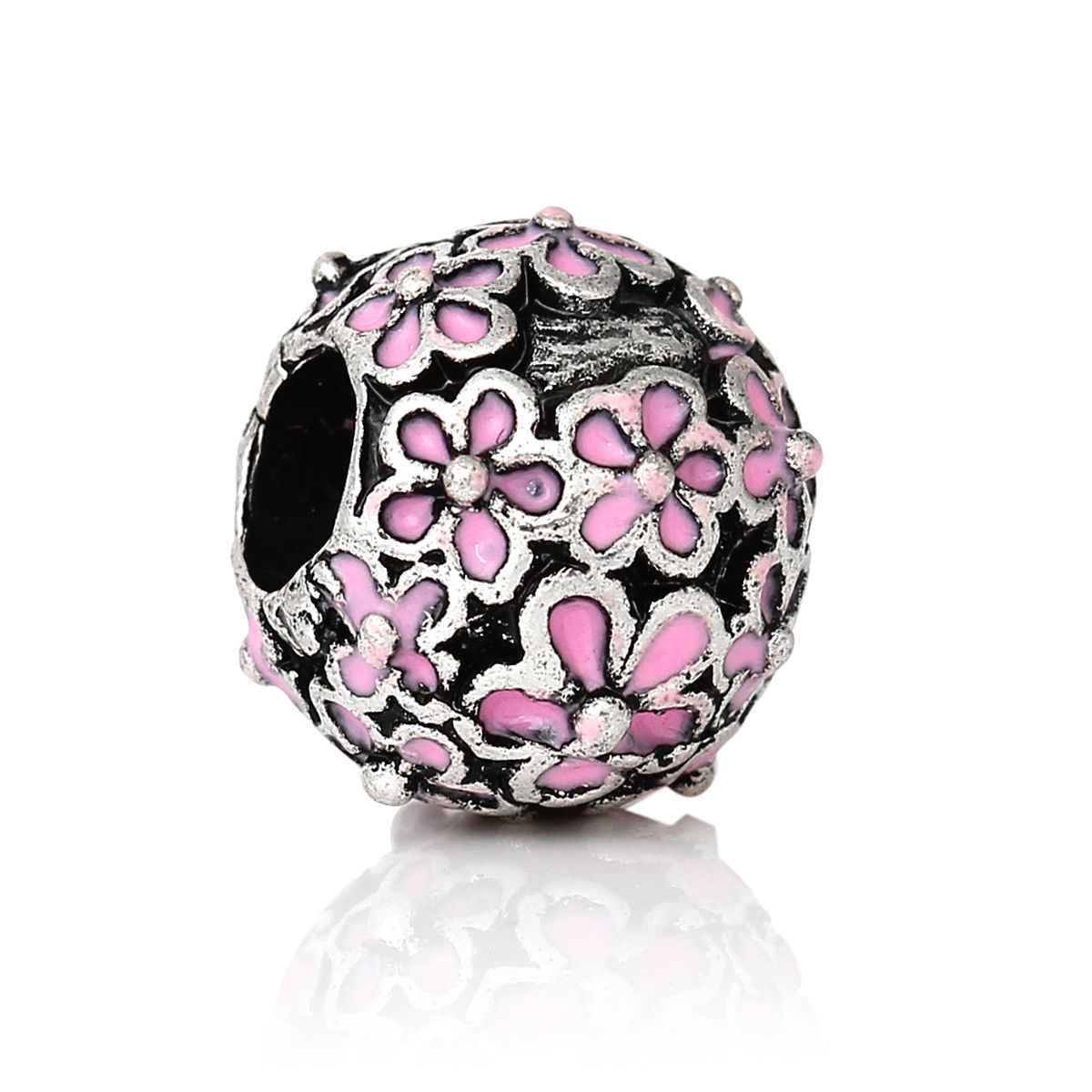 Picture of Zinc Metal Alloy European Style Large Hole Charm Beads Round Antique Silver Color Flower Pattern Pink Enamel About 12mm Dia, Hole: Approx 5mm, 10 PCs