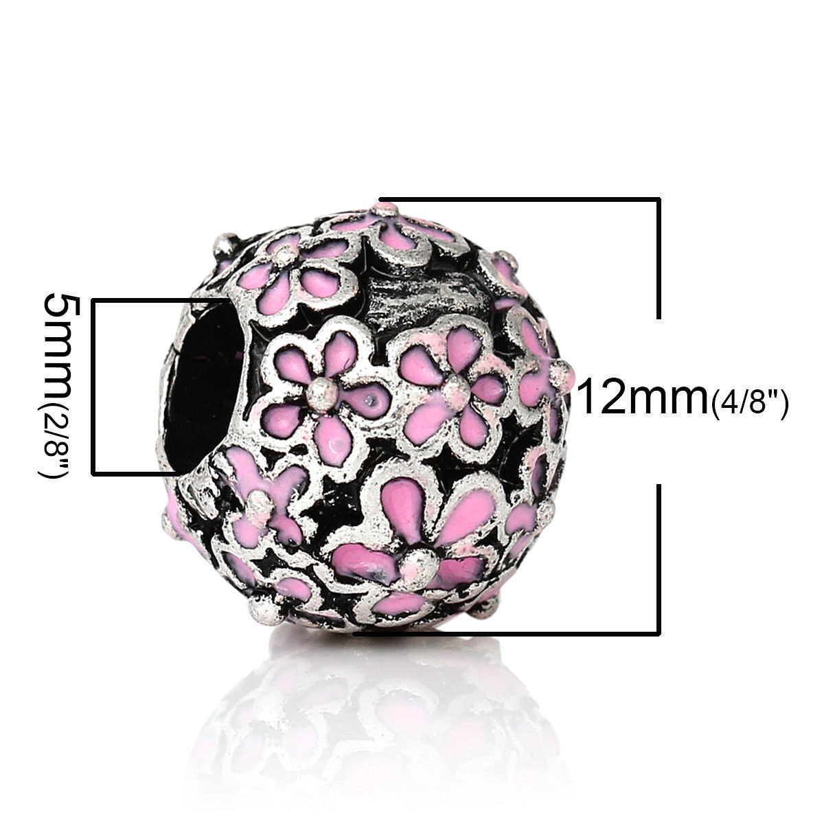 Picture of Zinc Metal Alloy European Style Large Hole Charm Beads Round Antique Silver Color Flower Pattern Pink Enamel About 12mm Dia, Hole: Approx 5mm, 10 PCs