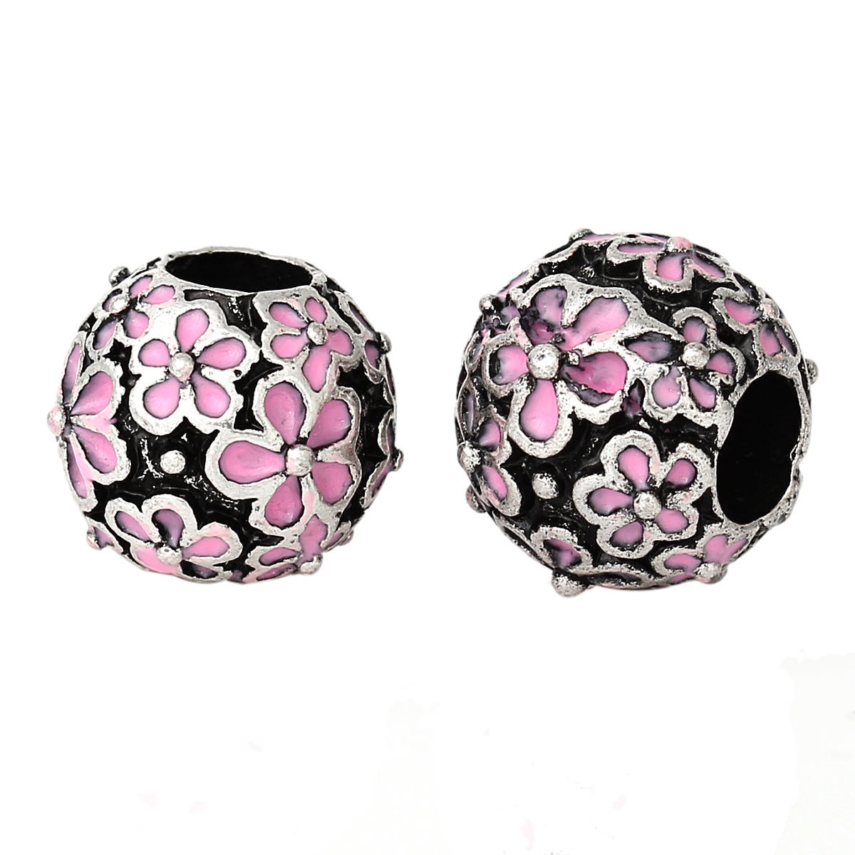 Picture of Zinc Metal Alloy European Style Large Hole Charm Beads Round Antique Silver Color Flower Pattern Pink Enamel About 12mm Dia, Hole: Approx 5mm, 10 PCs