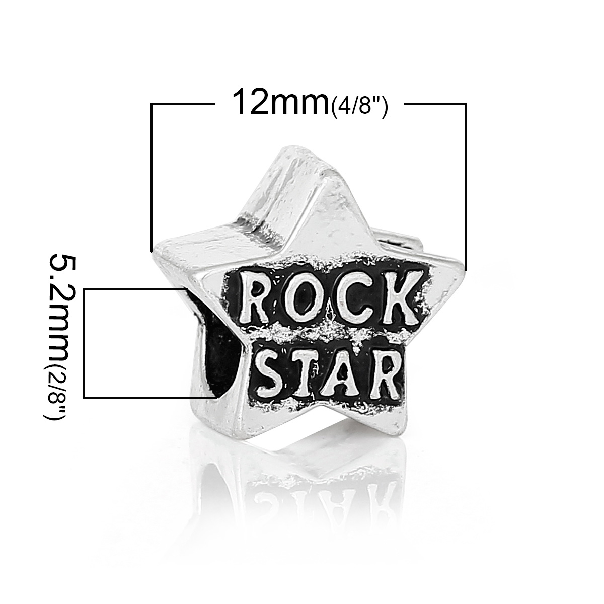 Imagen de Aleación del Metal Del Zinc de Estilo Europeo Cuentas Agujeros Grandes Estrella Plata Antigua Diamantes de imitación Mensaje Patrón Rock Star Aprox 12mm x 12mm, Agujero: acerca de 5.2mm, 20 Unidades