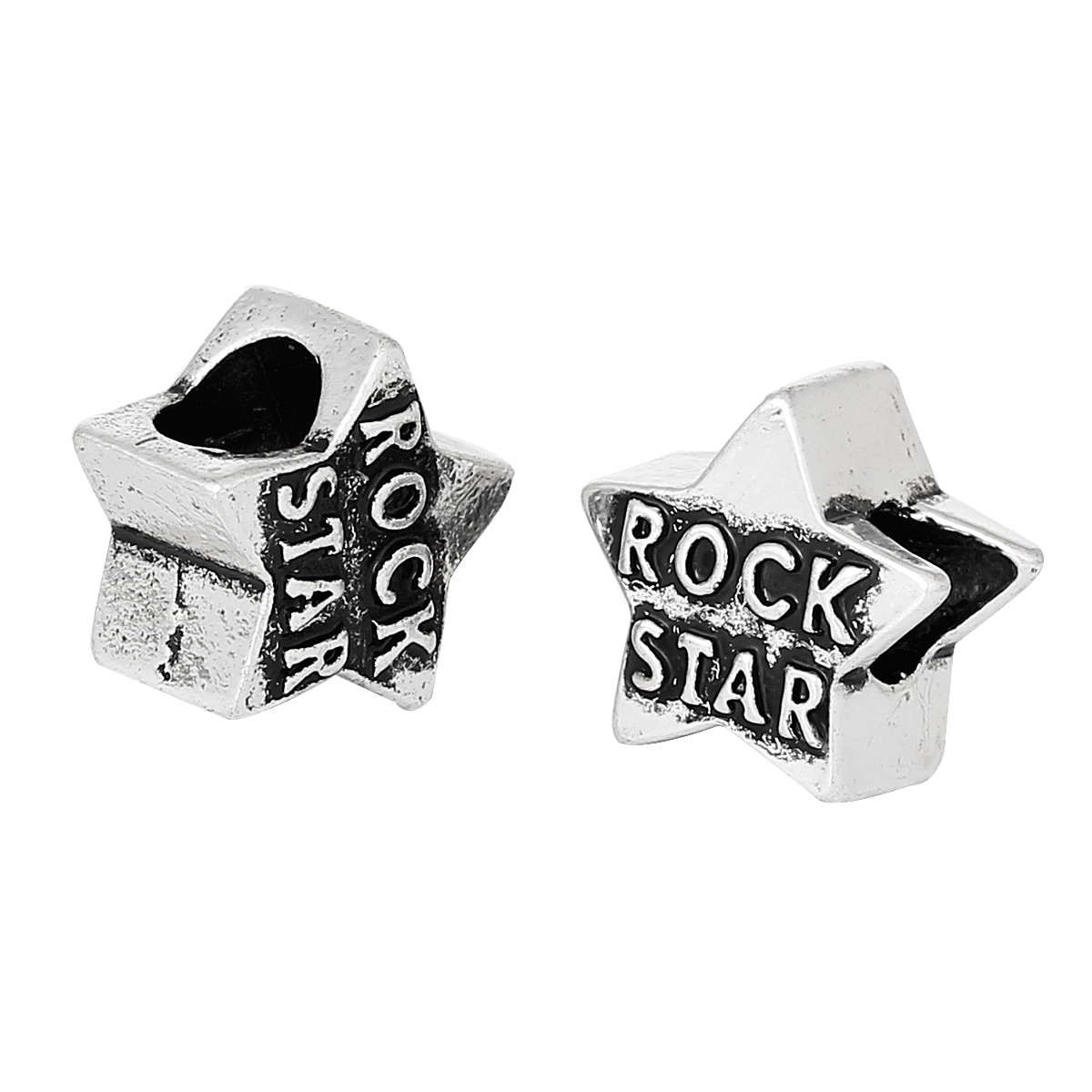 Imagen de Aleación del Metal Del Zinc de Estilo Europeo Cuentas Agujeros Grandes Estrella Plata Antigua Diamantes de imitación Mensaje Patrón Rock Star Aprox 12mm x 12mm, Agujero: acerca de 5.2mm, 20 Unidades