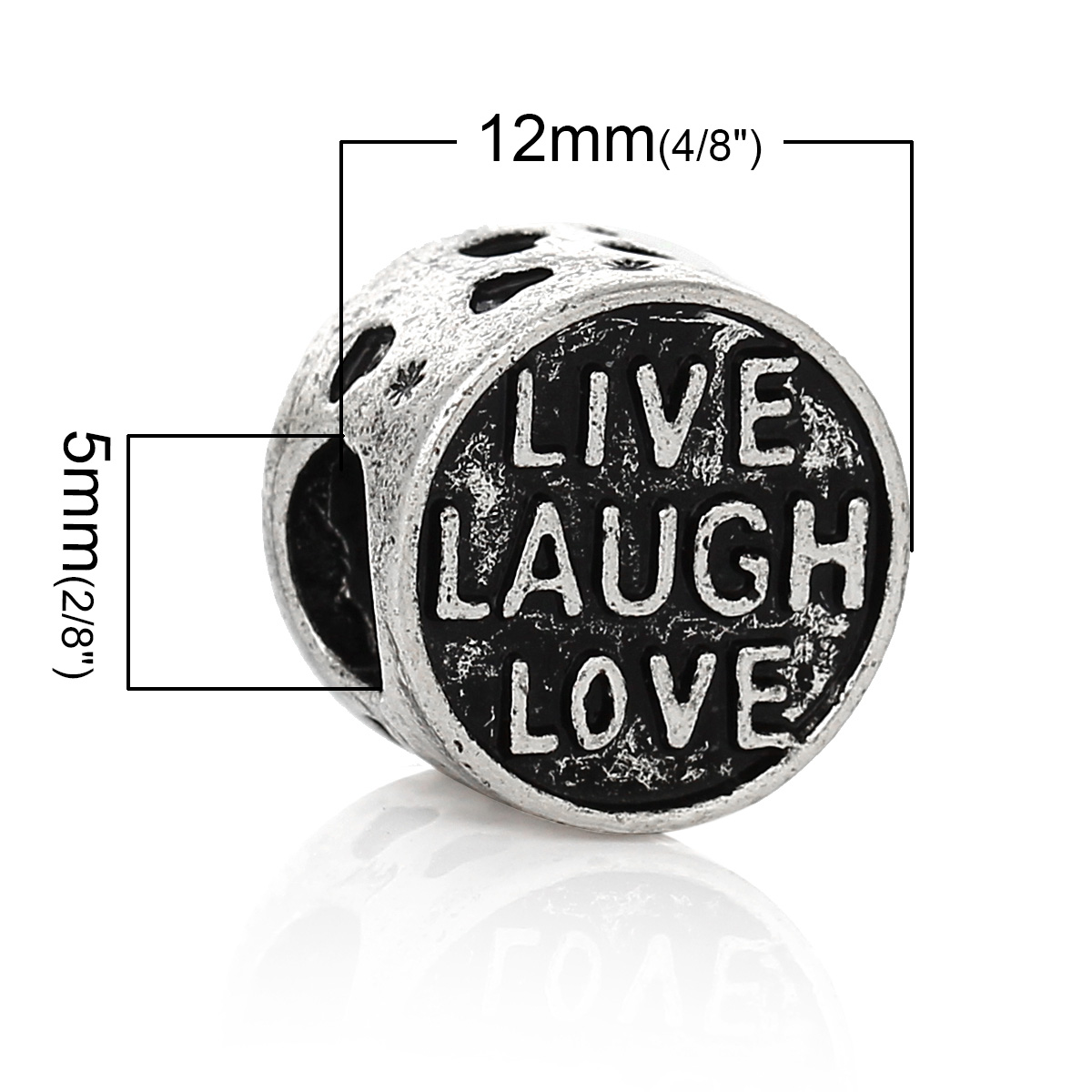 Picture of Zinc Metal Alloy European Style Large Hole Charm Beads Round Antique Silver Color Message "LIVE LAUGH LOVE" Carved About 12mm x 11mm, Hole: Approx 5mm, 10 PCs