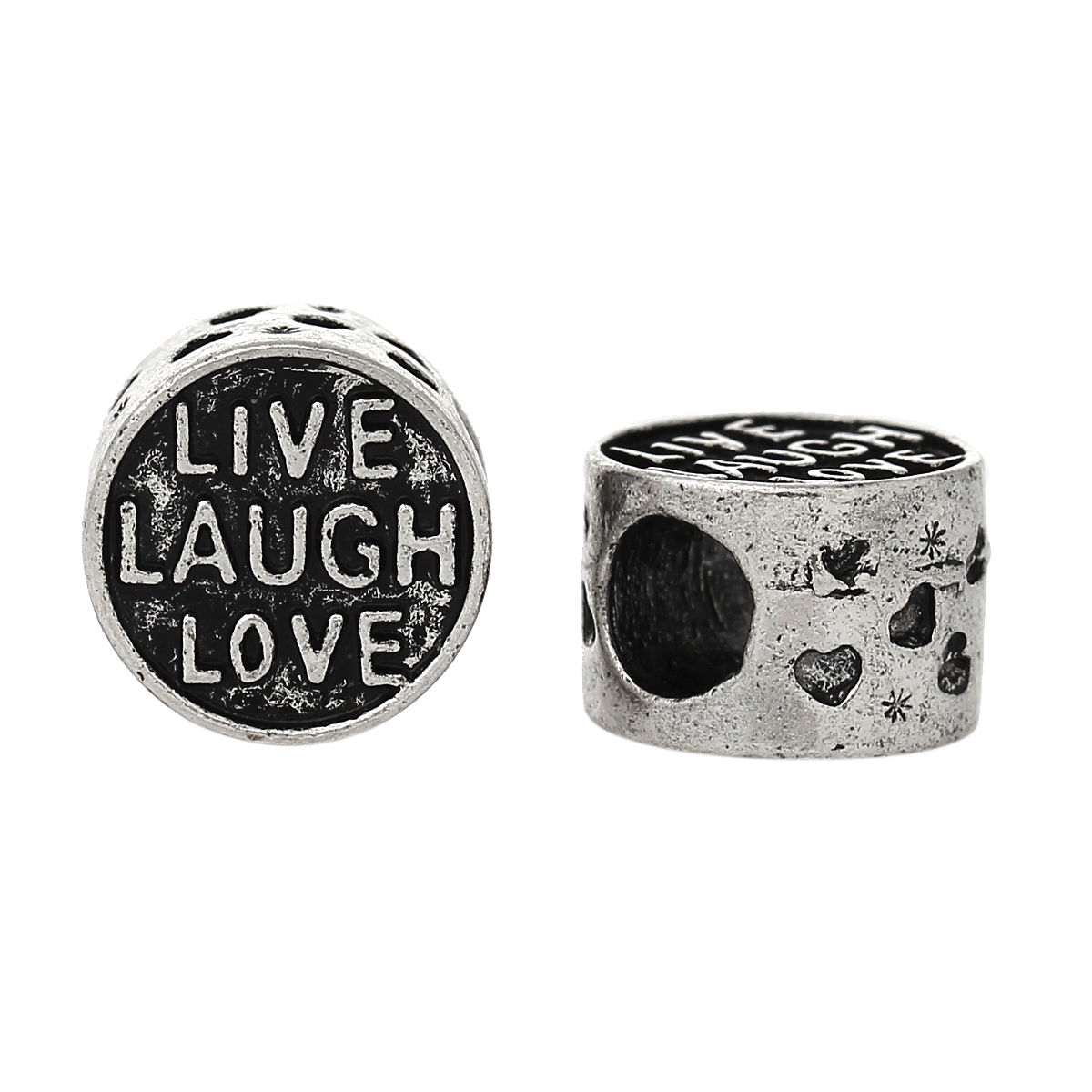 Picture of Zinc Metal Alloy European Style Large Hole Charm Beads Round Antique Silver Color Message "LIVE LAUGH LOVE" Carved About 12mm x 11mm, Hole: Approx 5mm, 10 PCs