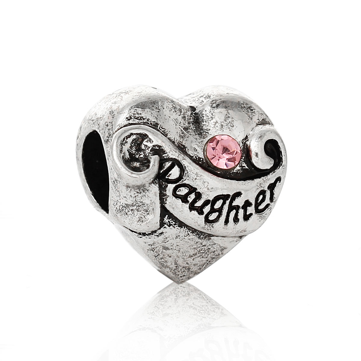 Imagen de 10 Unidades Zamak Familia Granos del Encanto del Agujero Grande del Estilo Europeo Plata Antigua Corazón Mensaje " Hija " Rosa Rhinestone 12mm x 12mm, Agujero: Aprox 5.3mm