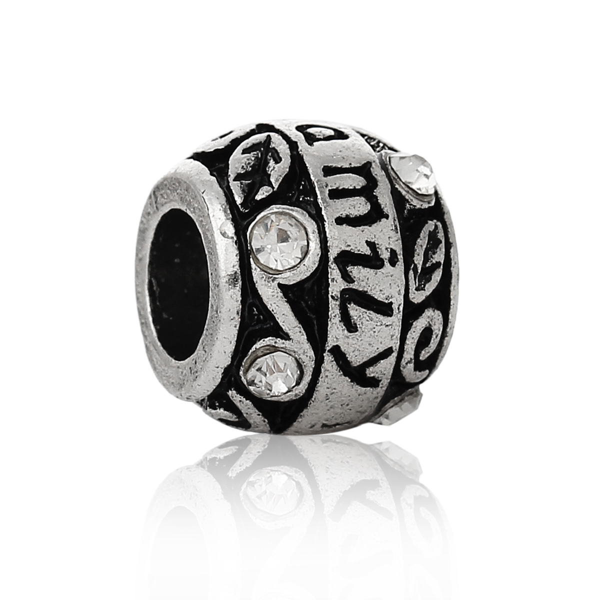 Picture of 1 Piece Zinc Based Alloy Family Jewelry European Style Large Hole Charm Beads Antique Silver Color Barrel Clear Rhinestone 11mm x 9mm, Hole: Approx 5.3mm