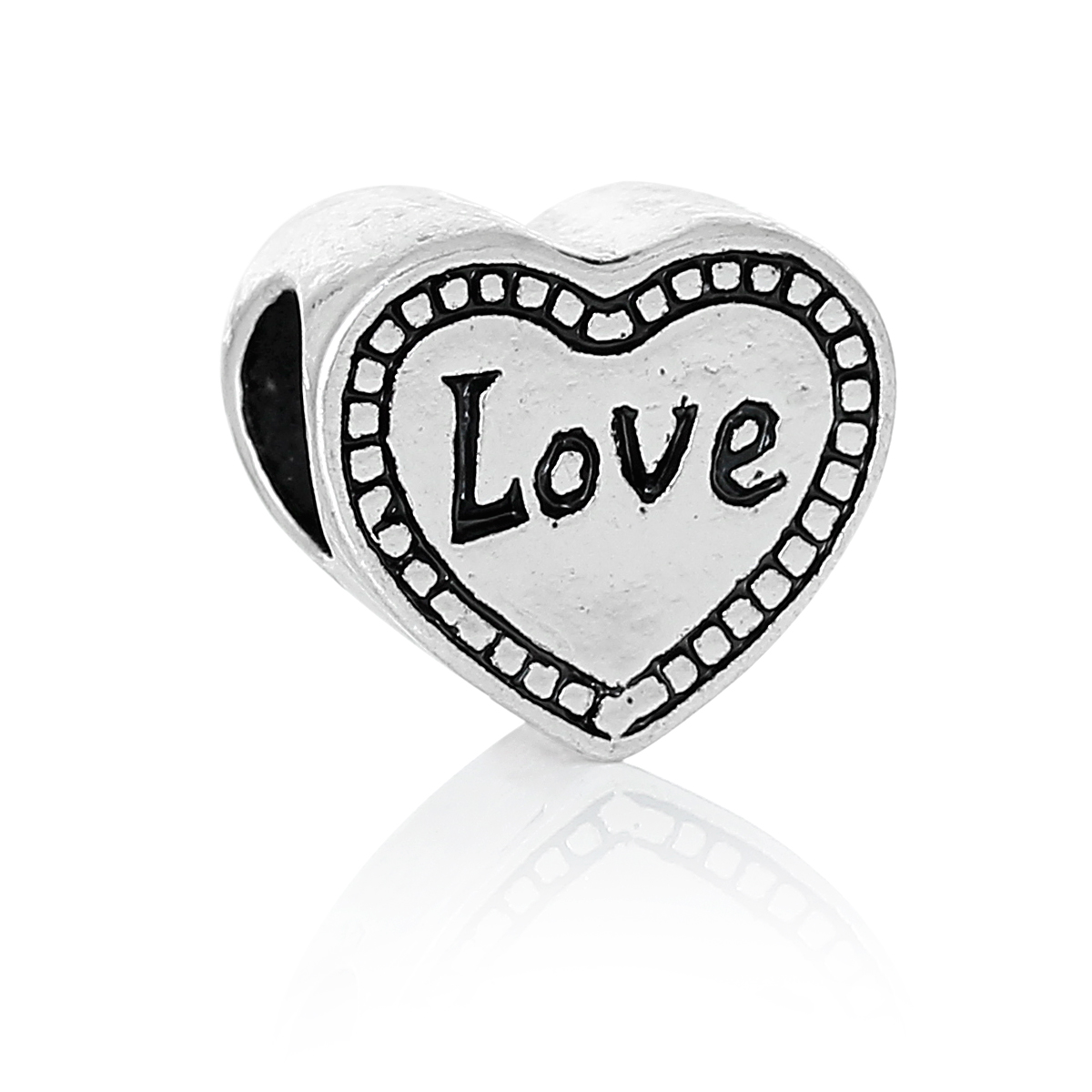 Imagen de Aleación del Metal Del Zinc de Estilo Europeo Cuentas Agujeros Grandes Corazón Plata Antigua Diamantes de imitación Mensaje Patrón Amor Aprox 12mm x 11mm, Agujero: acerca de 5.4mm, 10 Unidades
