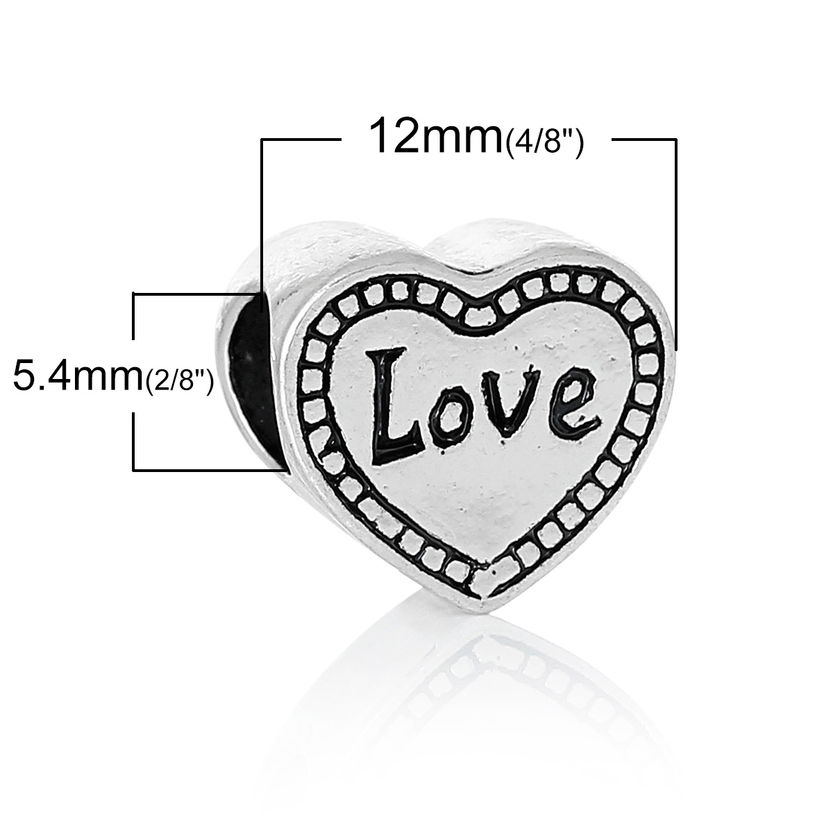 Imagen de Aleación del Metal Del Zinc de Estilo Europeo Cuentas Agujeros Grandes Corazón Plata Antigua Diamantes de imitación Mensaje Patrón Amor Aprox 12mm x 11mm, Agujero: acerca de 5.4mm, 10 Unidades