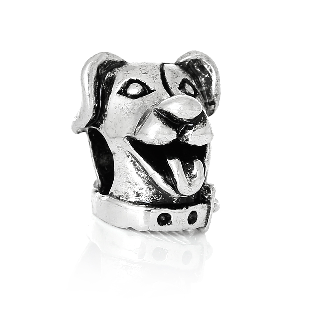 Picture of Zinc Metal Alloy European Style Large Hole Charm Beads Dog Head Antique Silver Color About 13mm x 12mm, Hole: Approx 5.3mm, 10 PCs
