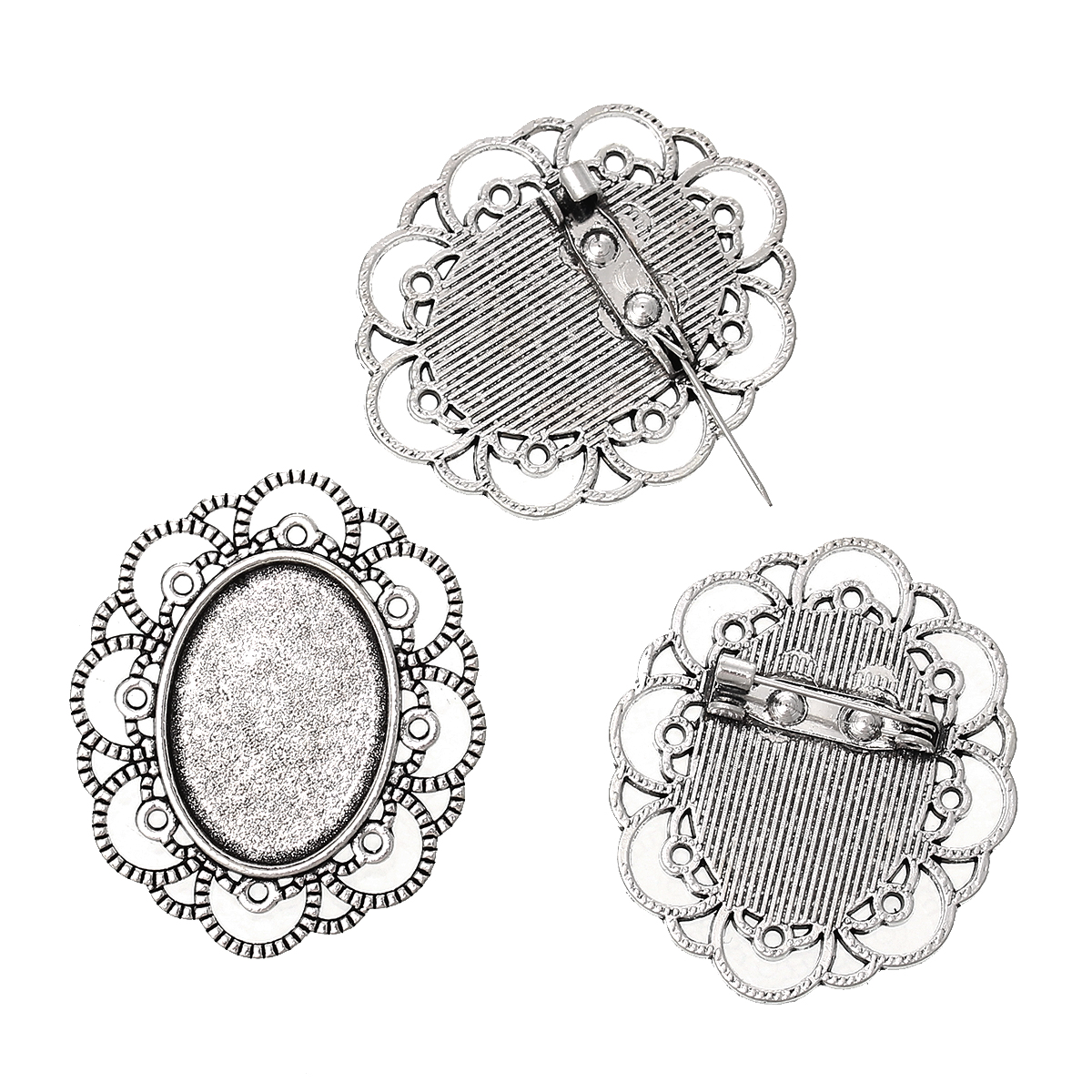 Picture of Zinc Based Alloy Pin Brooches Findings Oval Antique Silver Color Cabochon Settings (Fits 25mm x 18mm) 4cm x 3.4cm(1 5/8" x1 3/8"), 10 PCs