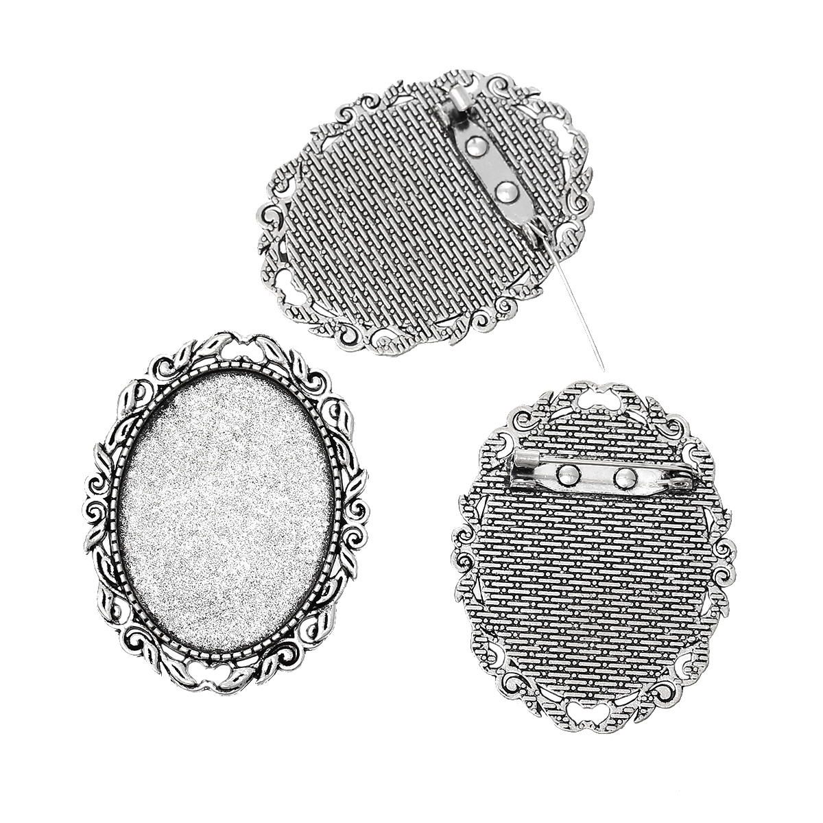 Picture of Zinc Based Alloy Pin Brooches Findings Oval Antique Silver Color Cabochon Settings (Fits 4cm x 3cm) 5.1cm x 4cm(2" x1 5/8"), 5 PCs