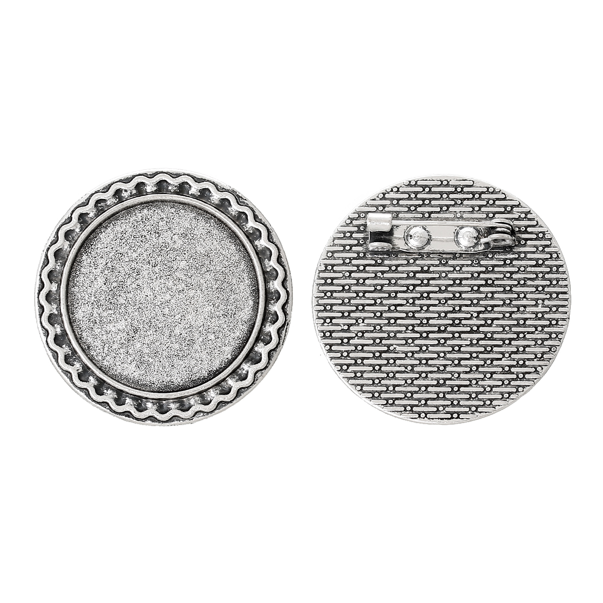 Picture of Zinc Based Alloy Pin Brooches Findings Round Antique Silver Color Cabochon Settings (Fits 25mm Dia.) 3.4cm(1 3/8") Dia., 10 PCs