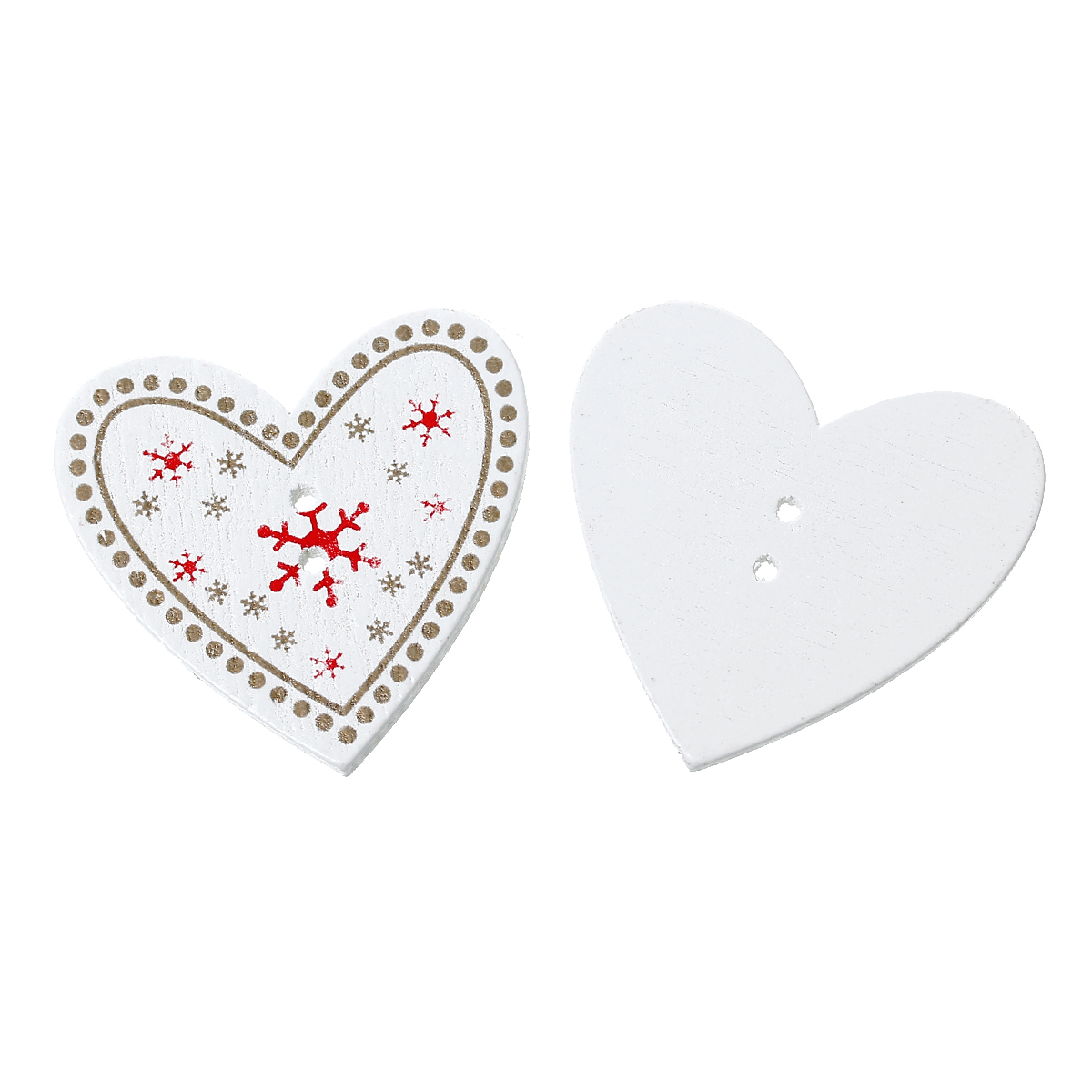 Picture of Natural Wood Sewing Buttons Scrapbooking 2 Holes Heart White Christmas Snowflake Pattern 3.5cm(1 3/8") x 3.3cm(1 2/8"), 50 PCs