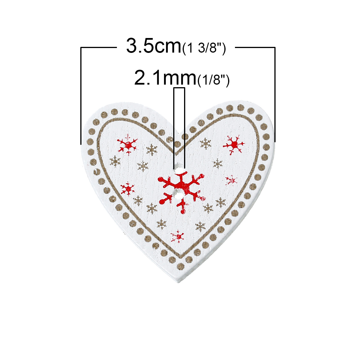 Picture of Natural Wood Sewing Buttons Scrapbooking 2 Holes Heart White Christmas Snowflake Pattern 3.5cm(1 3/8") x 3.3cm(1 2/8"), 50 PCs