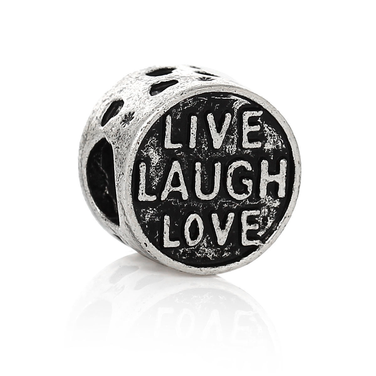 Picture of Zinc Metal Alloy European Style Large Hole Charm Beads Round Antique Silver Color Message "LIVE LAUGH LOVE" Carved About 12mm x 11mm, Hole: Approx 5mm, 10 PCs