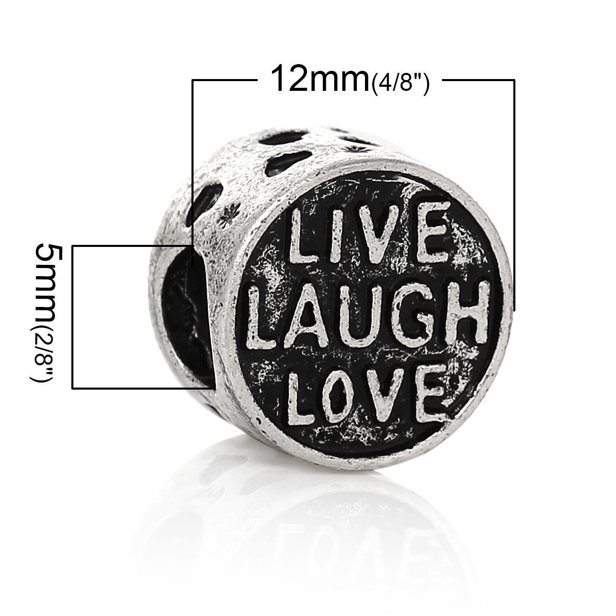 Picture of Zinc Metal Alloy European Style Large Hole Charm Beads Round Antique Silver Color Message "LIVE LAUGH LOVE" Carved About 12mm x 11mm, Hole: Approx 5mm, 10 PCs
