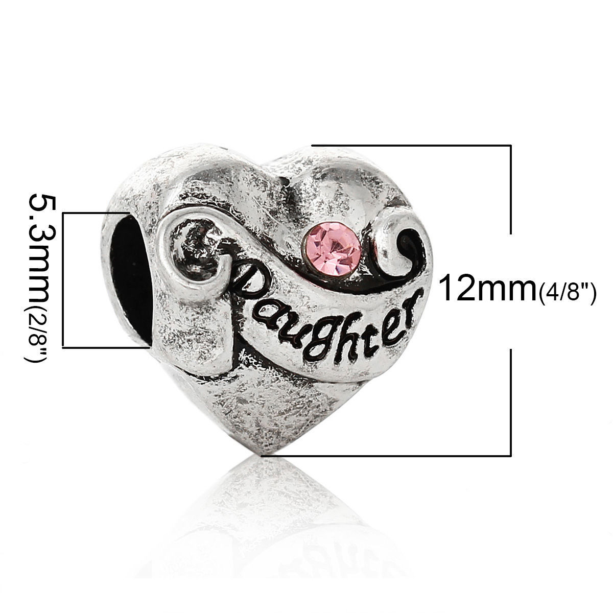Imagen de 10 Unidades Zamak Familia Granos del Encanto del Agujero Grande del Estilo Europeo Plata Antigua Corazón Mensaje " Hija " Rosa Rhinestone 12mm x 12mm, Agujero: Aprox 5.3mm
