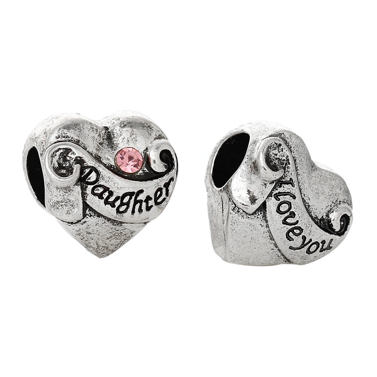 Imagen de 10 Unidades Zamak Familia Granos del Encanto del Agujero Grande del Estilo Europeo Plata Antigua Corazón Mensaje " Hija " Rosa Rhinestone 12mm x 12mm, Agujero: Aprox 5.3mm