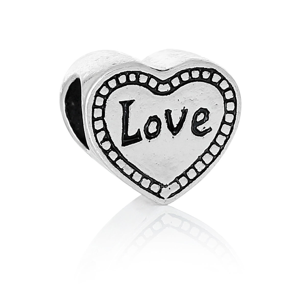 Imagen de Aleación del Metal Del Zinc de Estilo Europeo Cuentas Agujeros Grandes Corazón Plata Antigua Diamantes de imitación Mensaje Patrón Amor Aprox 12mm x 11mm, Agujero: acerca de 5.4mm, 10 Unidades