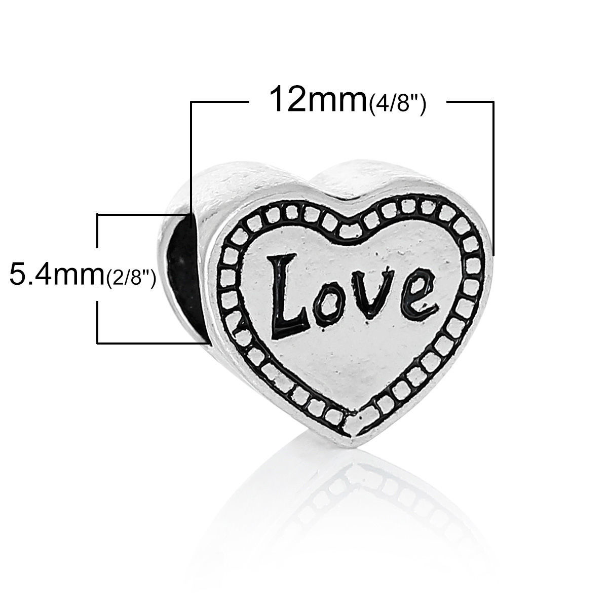 Imagen de Aleación del Metal Del Zinc de Estilo Europeo Cuentas Agujeros Grandes Corazón Plata Antigua Diamantes de imitación Mensaje Patrón Amor Aprox 12mm x 11mm, Agujero: acerca de 5.4mm, 10 Unidades