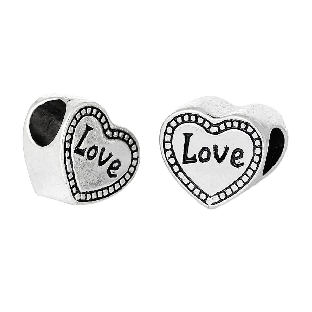 Imagen de Aleación del Metal Del Zinc de Estilo Europeo Cuentas Agujeros Grandes Corazón Plata Antigua Diamantes de imitación Mensaje Patrón Amor Aprox 12mm x 11mm, Agujero: acerca de 5.4mm, 10 Unidades