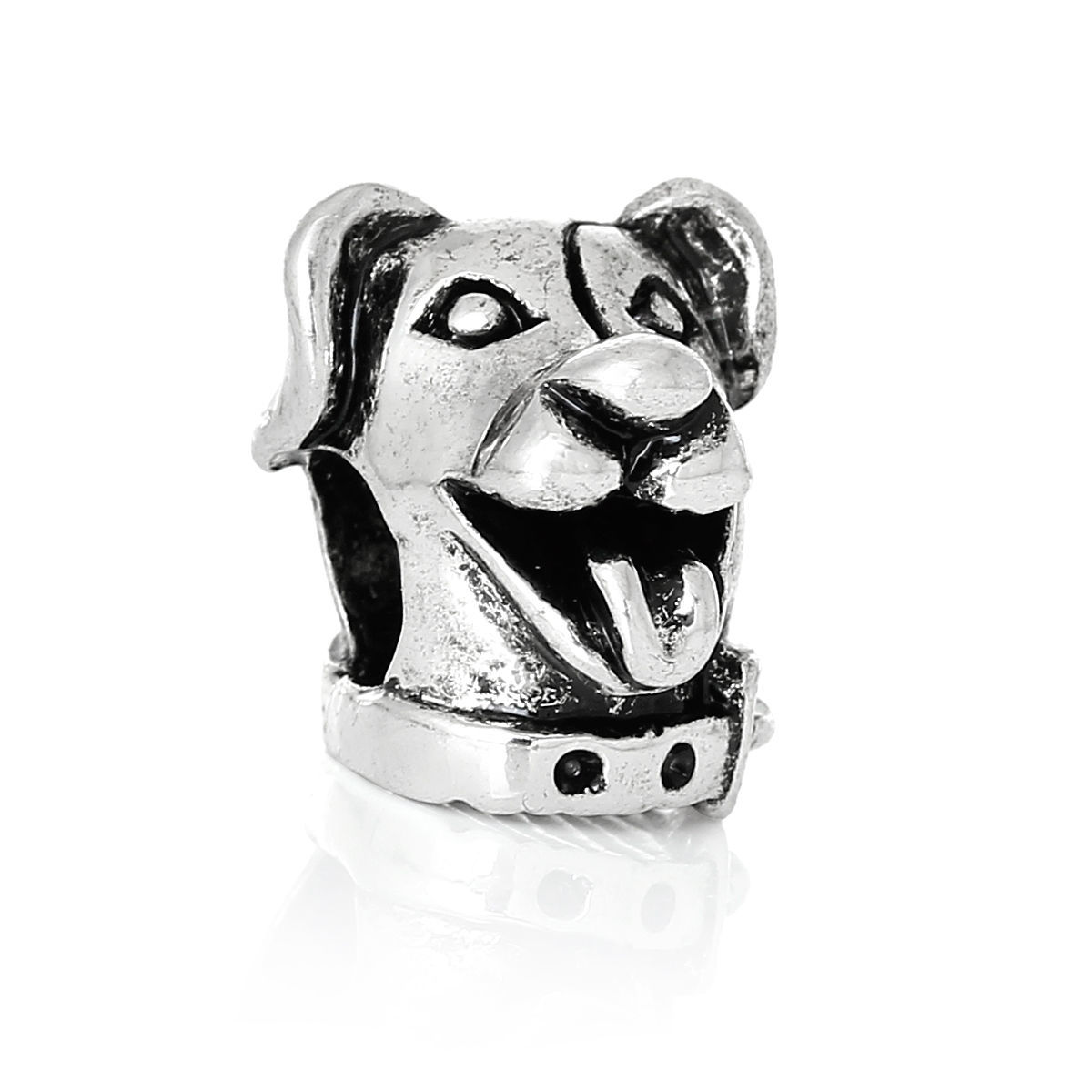 Picture of Zinc Metal Alloy European Style Large Hole Charm Beads Dog Head Antique Silver Color About 13mm x 12mm, Hole: Approx 5.3mm, 10 PCs
