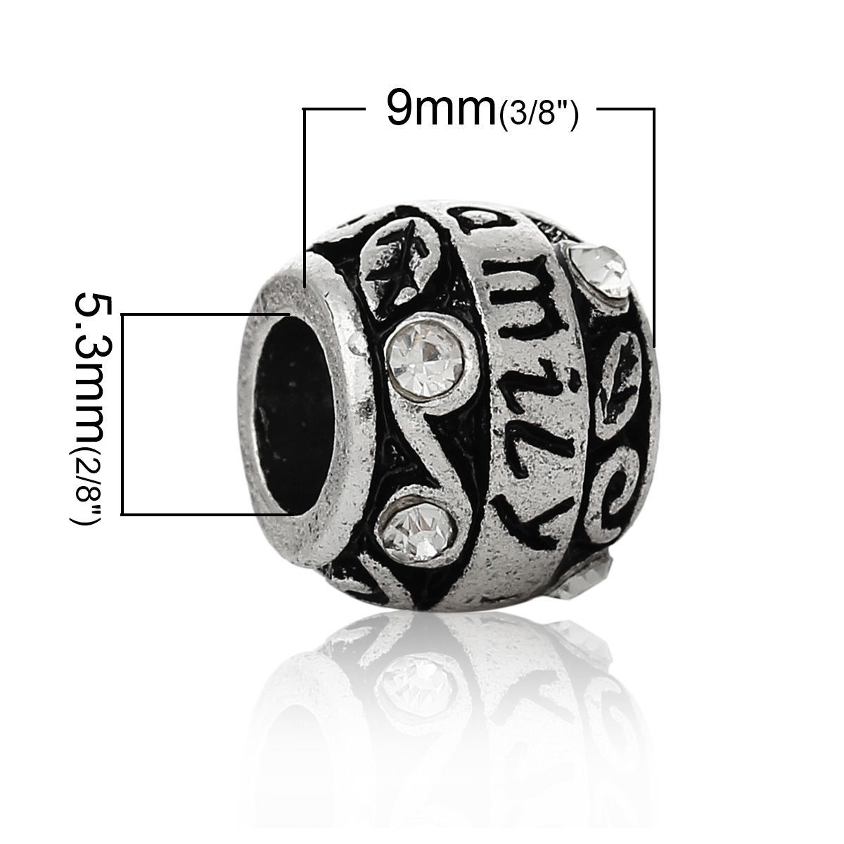 Picture of 1 Piece Zinc Based Alloy Family Jewelry European Style Large Hole Charm Beads Antique Silver Color Barrel Clear Rhinestone 11mm x 9mm, Hole: Approx 5.3mm