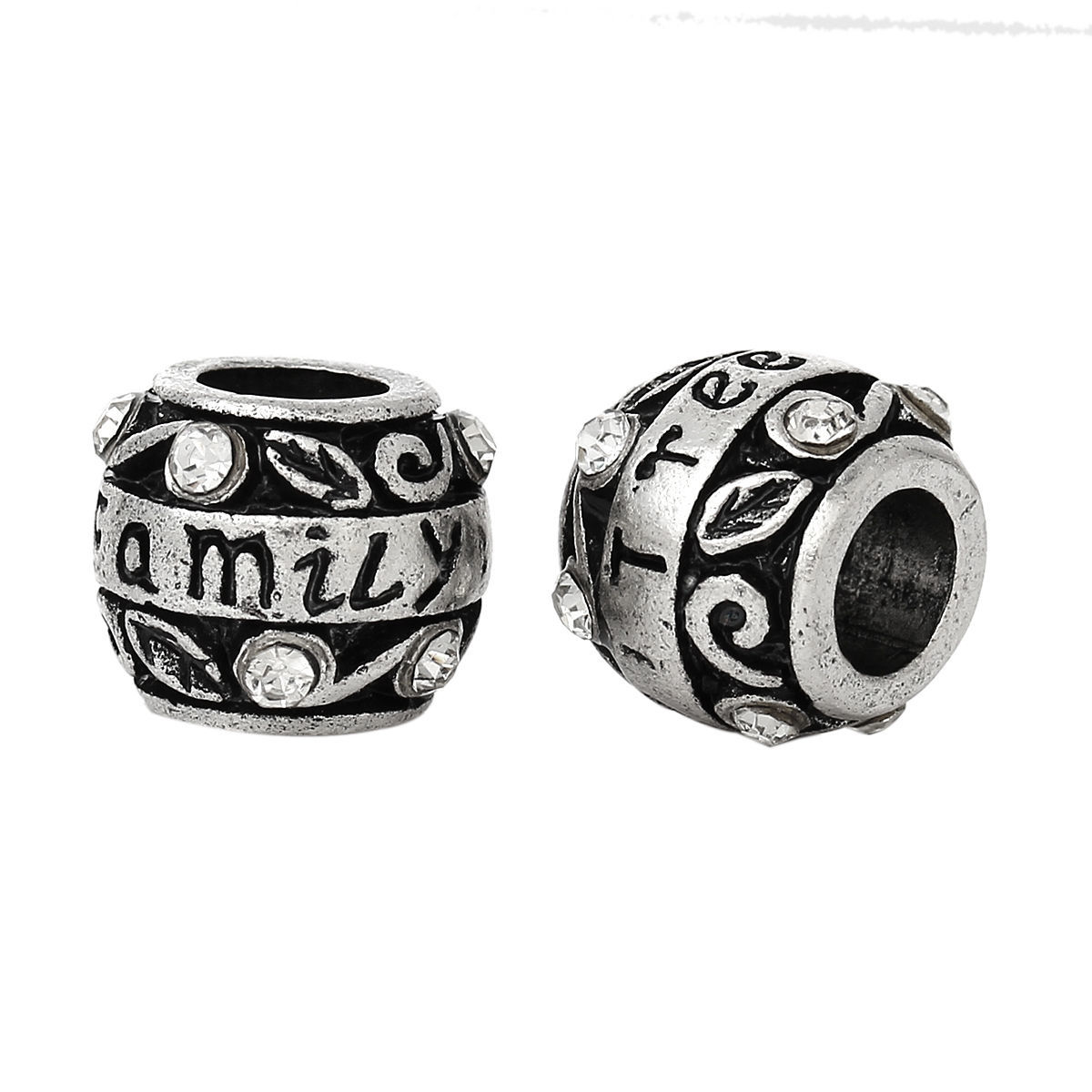 Picture of 1 Piece Zinc Based Alloy Family Jewelry European Style Large Hole Charm Beads Antique Silver Color Barrel Clear Rhinestone 11mm x 9mm, Hole: Approx 5.3mm