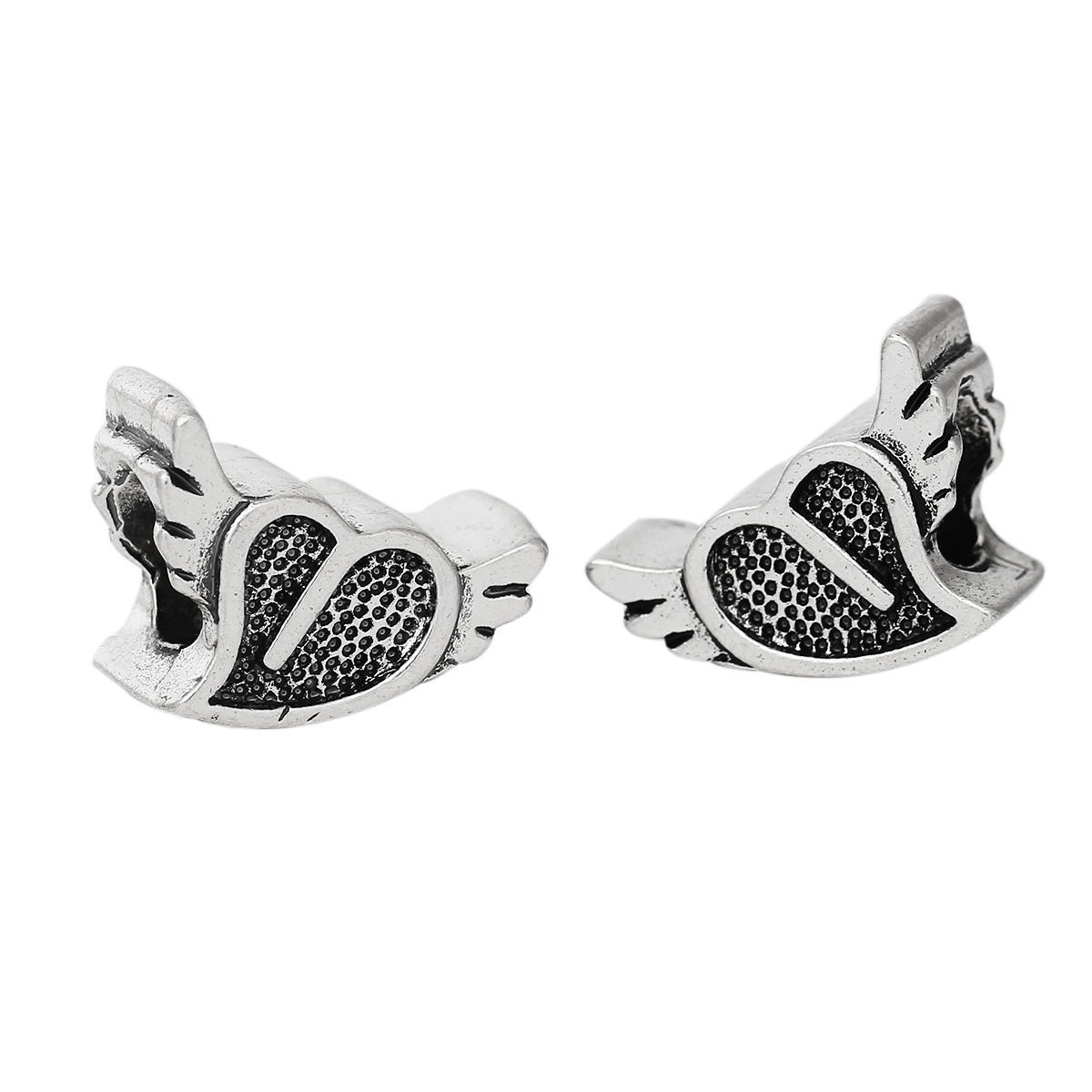 Picture of 2 PCs Zinc Based Alloy Valentine's Day European Style Large Hole Charm Beads Antique Silver Color Heart Wing 15mm x 10mm, Hole: Approx 5.1mm