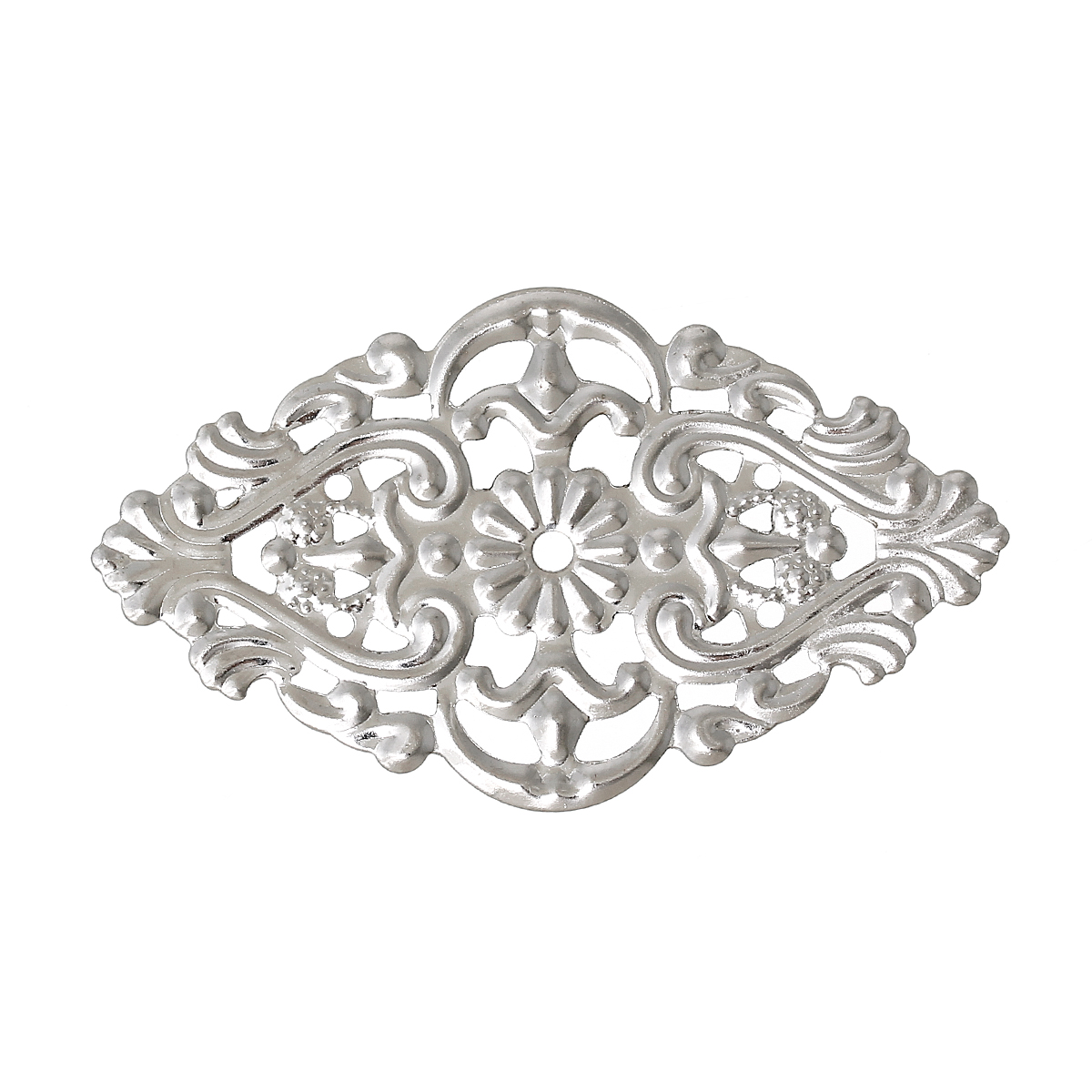 Picture of 100 PCs Iron Based Alloy Filigree Stamping Embellishments Rhombus Silver Tone Hollow 5.5cm x 3.2cm
