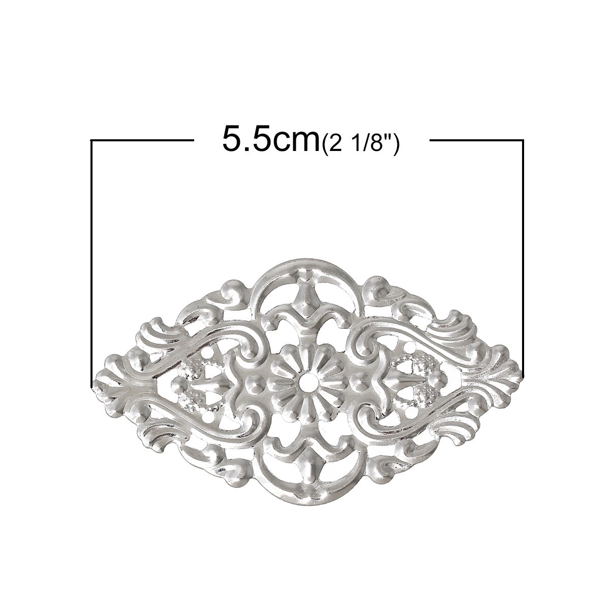 Picture of 100 PCs Iron Based Alloy Filigree Stamping Embellishments Rhombus Silver Tone Hollow 5.5cm x 3.2cm