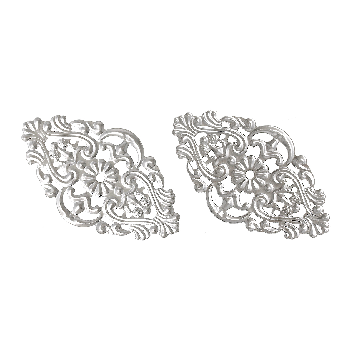 Picture of 100 PCs Iron Based Alloy Filigree Stamping Embellishments Rhombus Silver Tone Hollow 5.5cm x 3.2cm