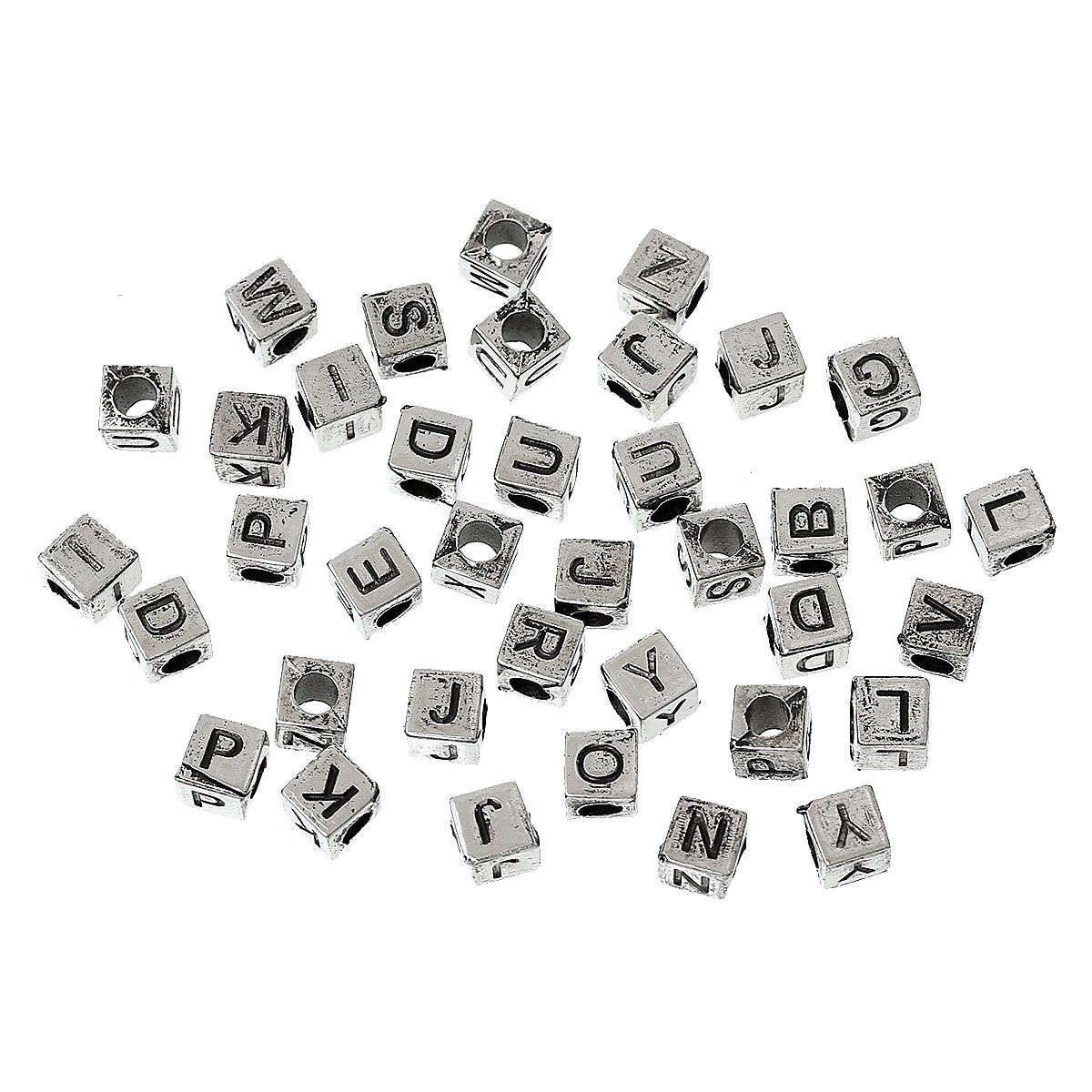 Picture of Acrylic Spacer Beads Cube Antique Silver Color At Random Mixed Alphabet/ Letter "A-Z" Carved About 6mm x 6mm, Hole: Approx 3.4mm, 500 PCs