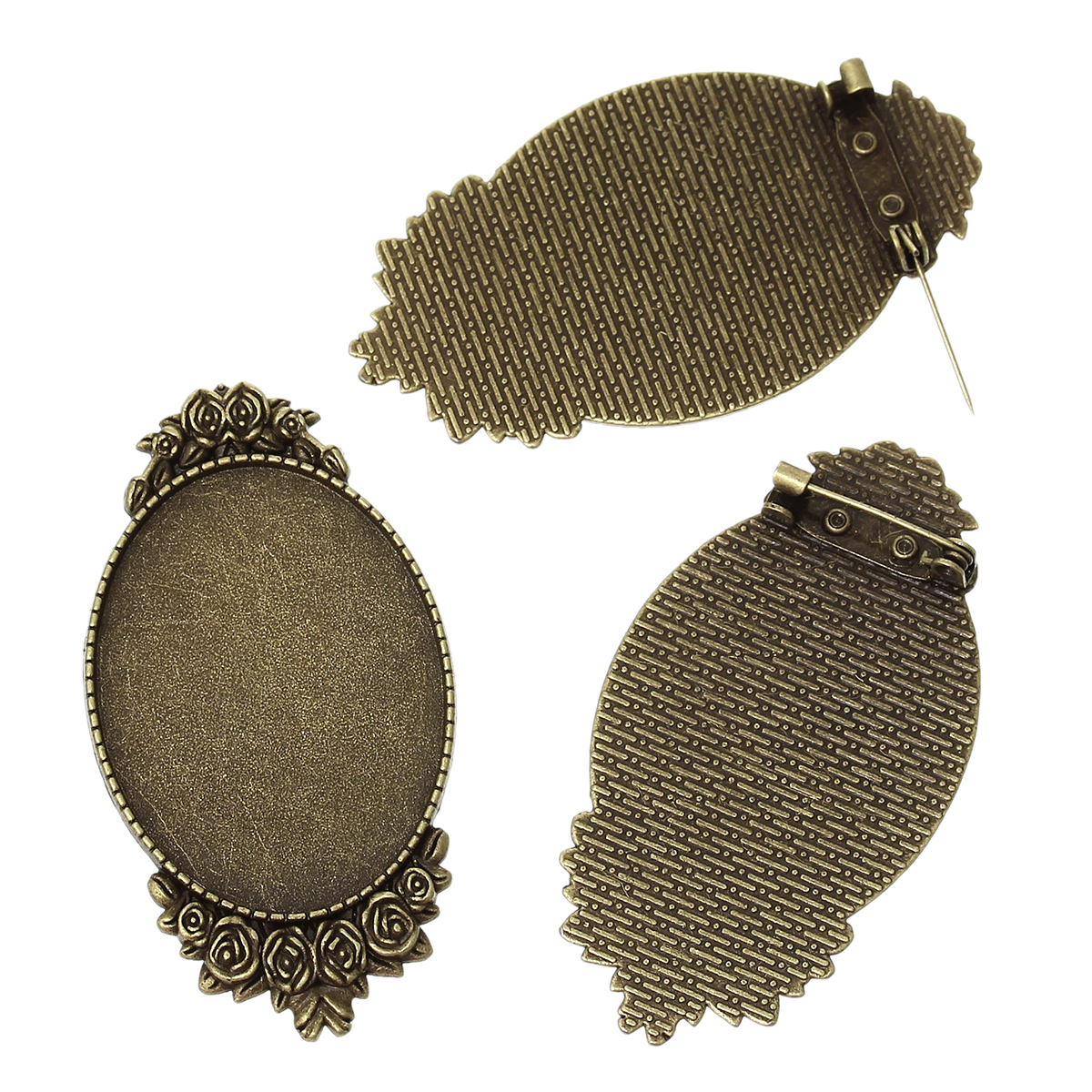 Picture of Zinc Based Alloy Pin Brooches Findings Oval Antique Bronze Cabochon Settings (Fits 4cm x 3cm) 5.9cm x3.2cm(2 3/8" x1 2/8"), 5 PCs