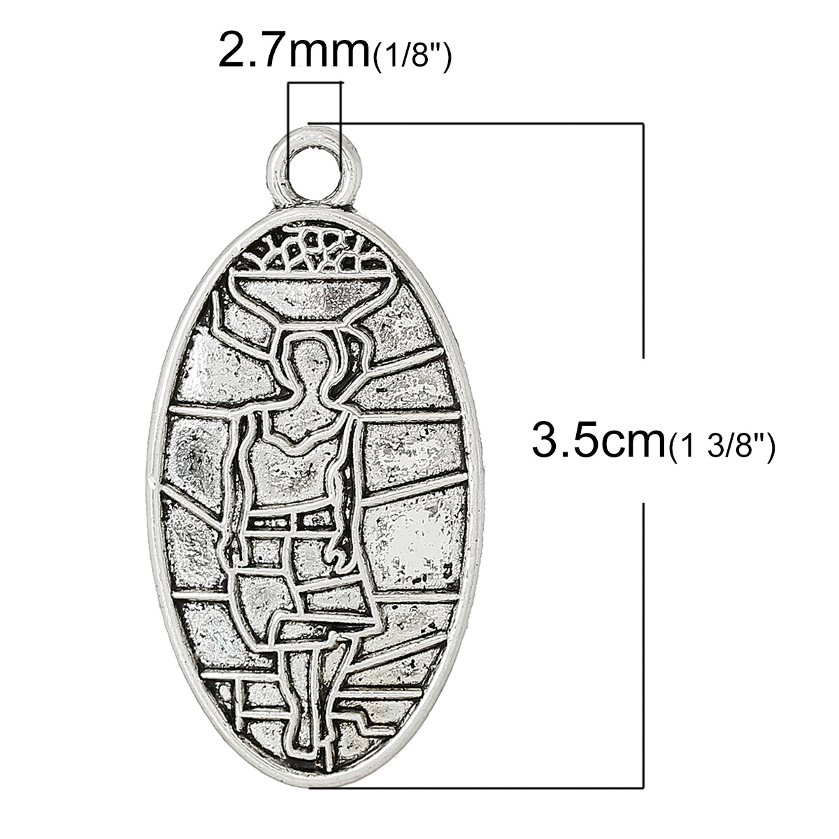 Picture of Zinc Metal Alloy Pendants Oval Antique Silver Color Woman Carved 3.5cm x 1.8cm(1 3/8" x 6/8"), 50 PCs