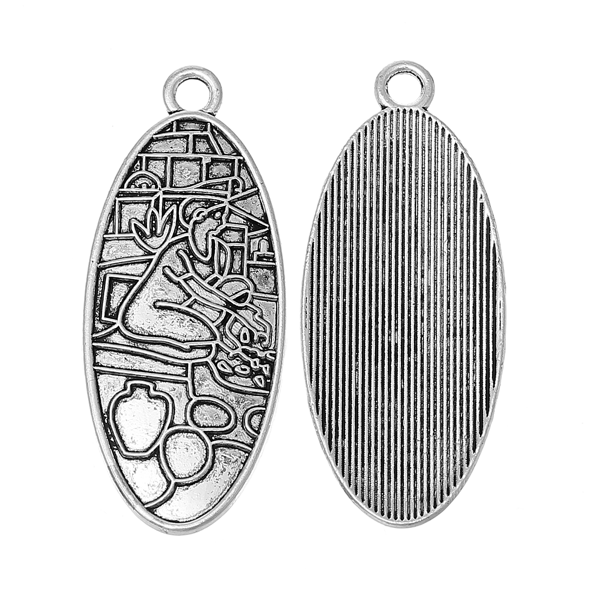Picture of Zinc Metal Alloy Pendants Oval Antique Silver Color Pattern Carved 5cm x 2.1cm(2" x 7/8"), 30 PCs