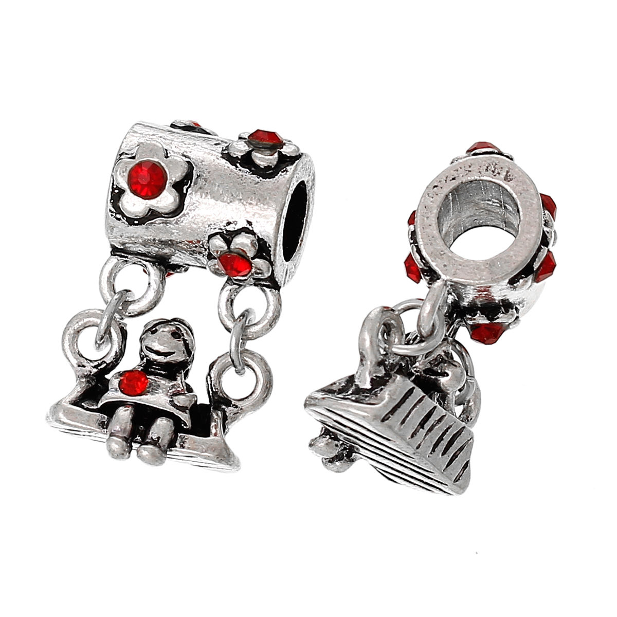 Picture of European Style Large Hole Charm Dangle Beads Little Girl On Swing Antique Silver Color Flower Pattern Red Rhinestone 25mm x 14mm, 10 PCs