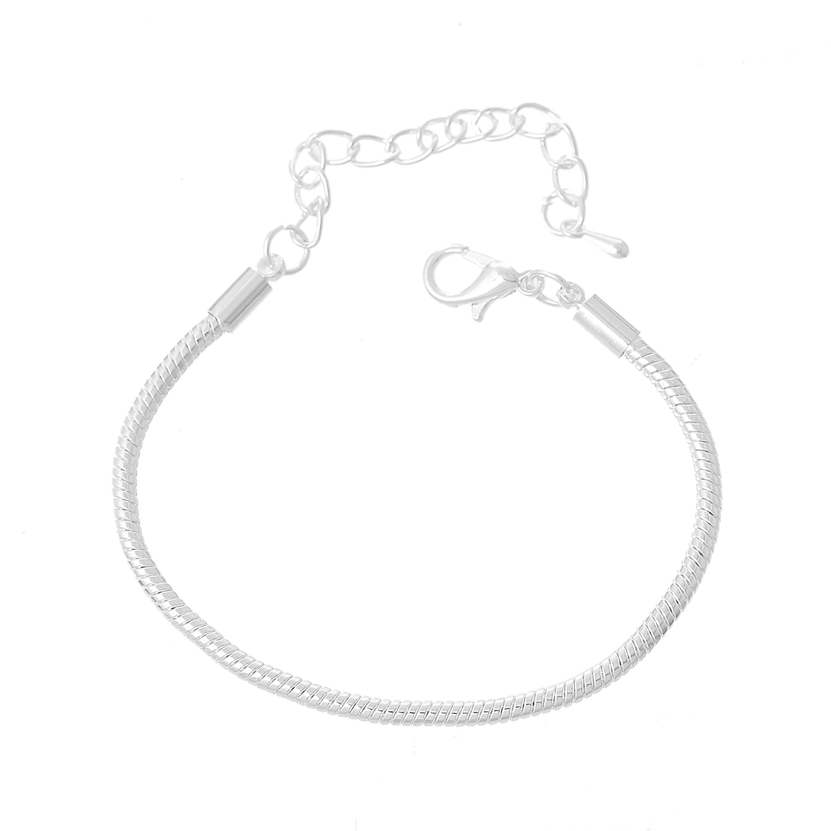 Picture of Copper European Style Snake Chain Charm Bracelets Silver Plated W/ Lobster Claw Clasp And Extender Chain 15cm long, 4 PCs
