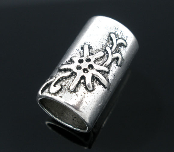 Picture of Zinc Based Alloy European Style Large Hole Charm Beads Antique Silver Color Cylinder Flower 20mm x 13mm, Hole: Approx 9.6mm, 10 PCs